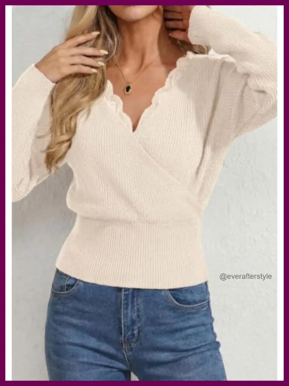 Women's V-Neck Lace Trim Wrap Crop Sweater Ribbed Knit Long Sleeve Fall Top